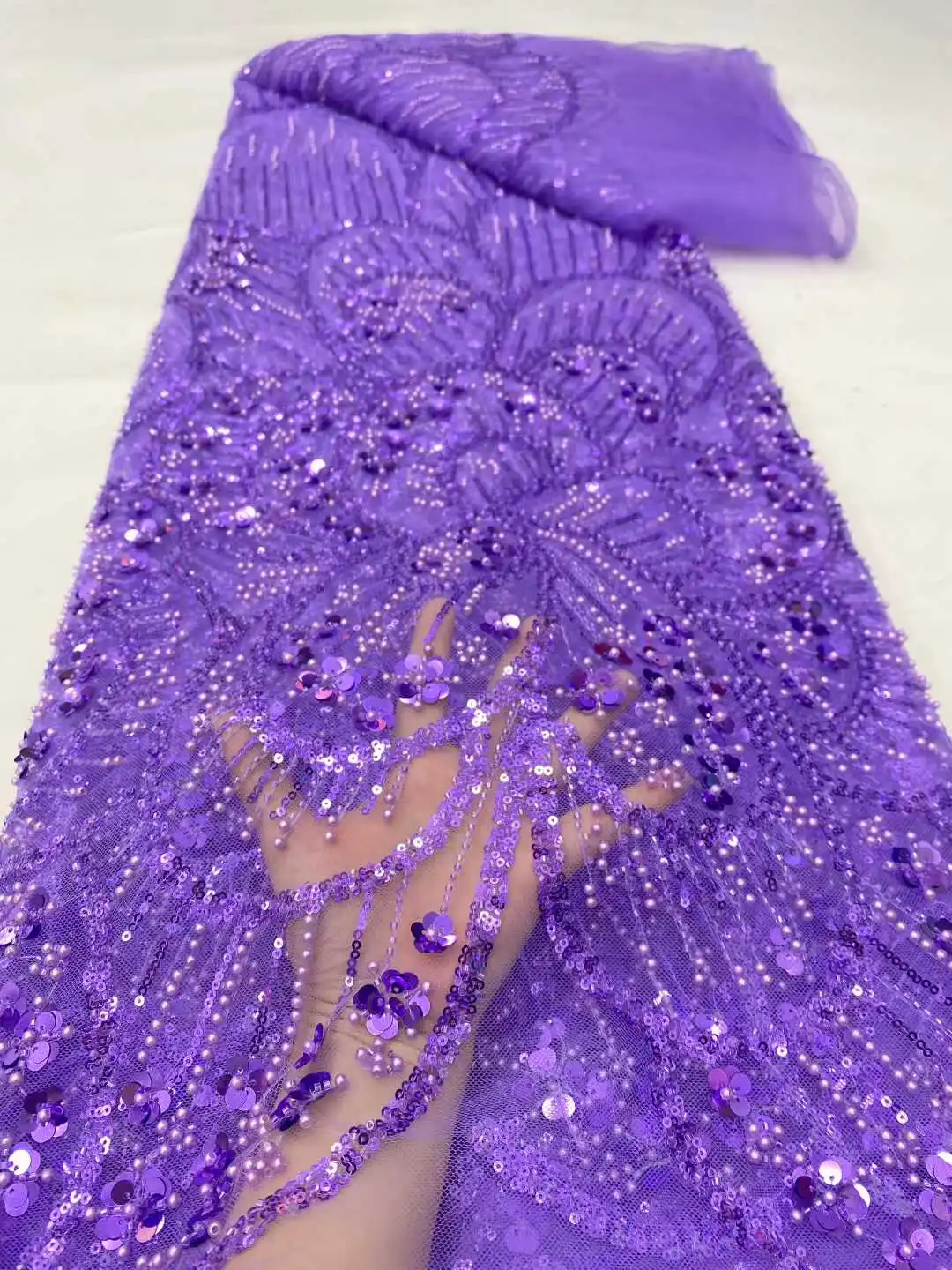 

Фиолетовая роскошная ткань с бисером и пайетками, 5 ярдов, высококачественная вышитая ткань, модная французская сетчатая ткань из тюля для свадебных платьев