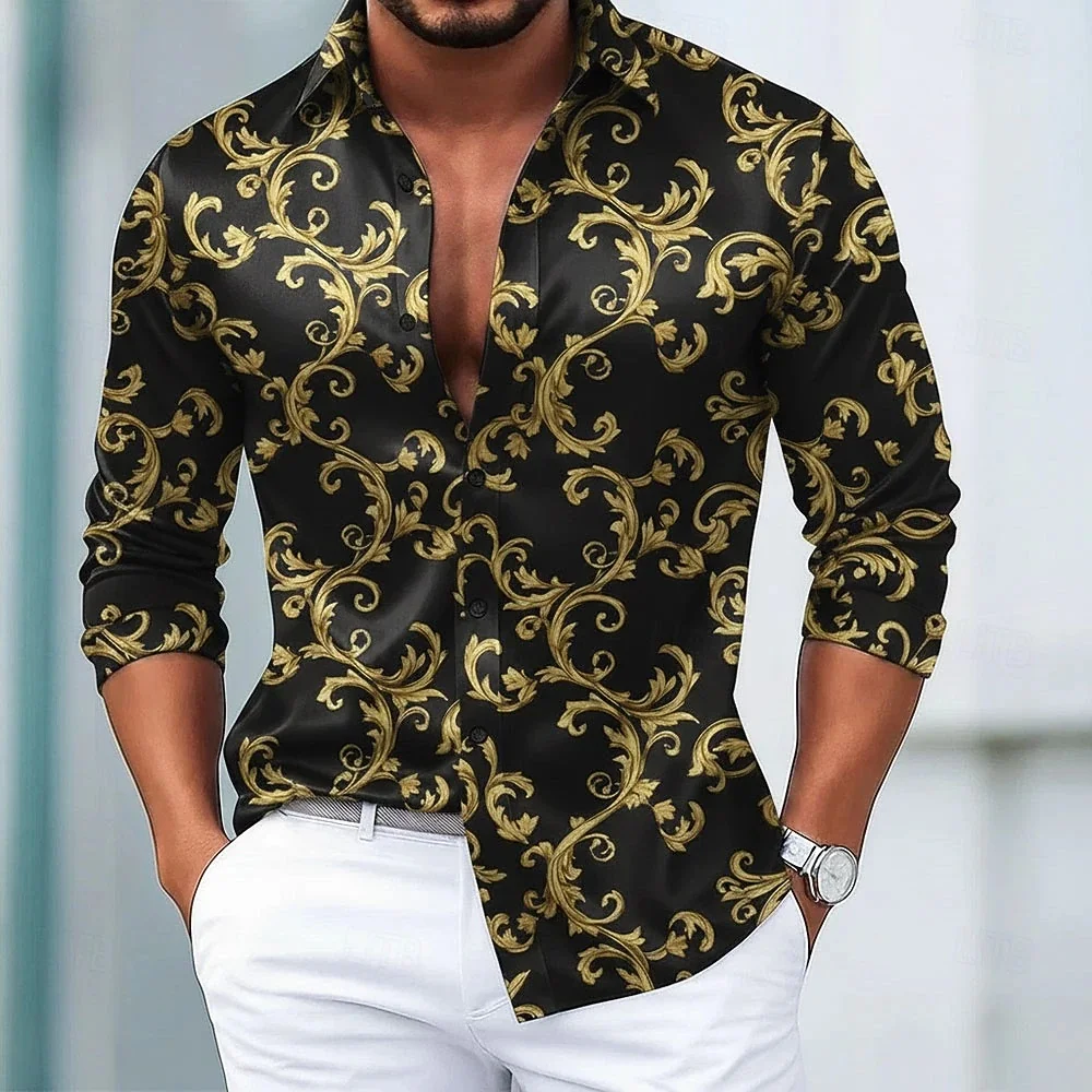 New men's palace style curly grass patterned long sleeved shirt with wine red and gold vine print men's lapel top
