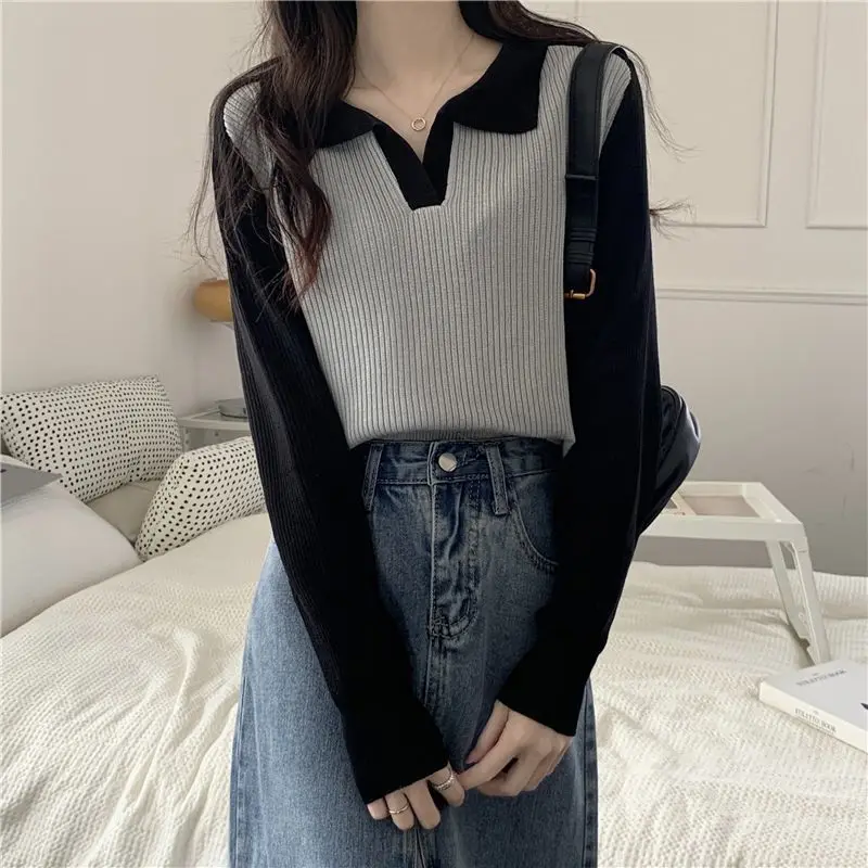 Autumn New Fashion Versatile Korean Sweater Simple Polo Collar Color Block Long Sleeve Women\'s Patchwork Pullover Loose Knit Top