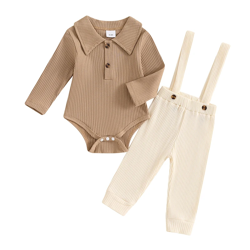 Baby Boys Fall Outfits Solid Color Turn-Down Collar Long Sleeve Rompers and Suspender Pants 2Pcs Clothes Set