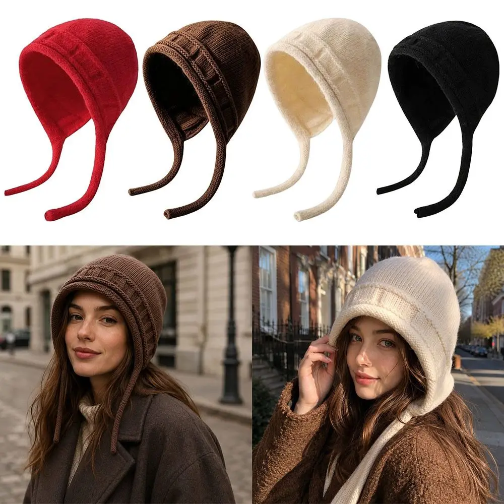 New Thickened Knitted Beanie Hat Ear Protection Solid Color Pullover Ear Flap Cap Cold-proof Windproof Knitted Earmuff Hat Women