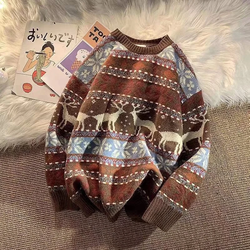 Ugly Christmas Sweater Deer Knitted Oversized Pullovers Soft Warm Quality Harajuku Festival O-Neck Vintage Casual Mens Clothing