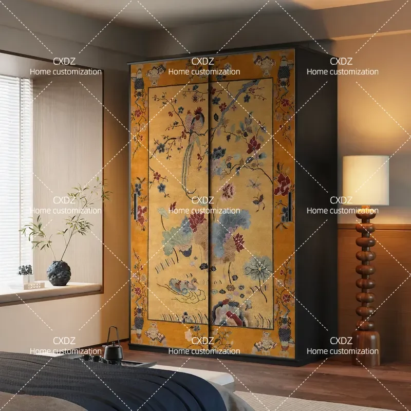 Medieval Solid Wood Sliding Door Wardrobe Storage Cabinet New Chinese Style Bedroom Closet Customizable Locker Furniture
