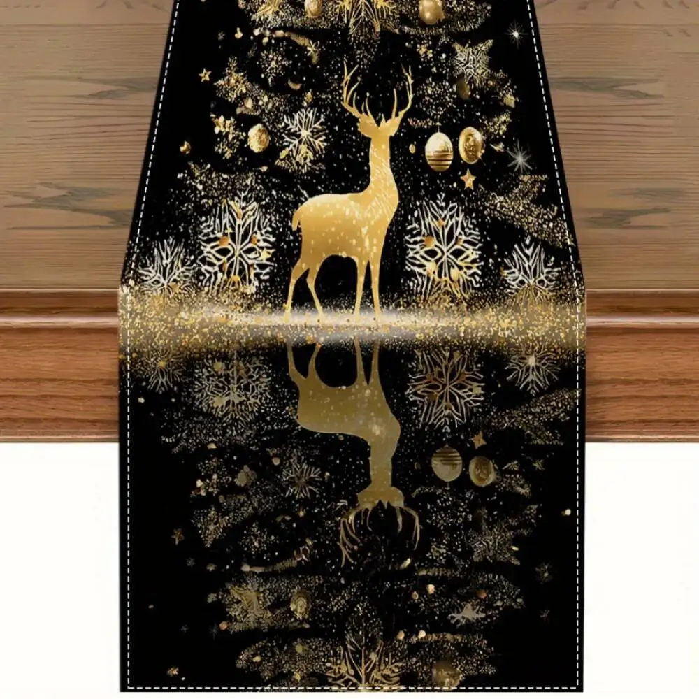 

1Pc, Elegant Black And Golden Winter Table Runner With Deer & Snowflake Patterns, Perfect For Christmas, New Year