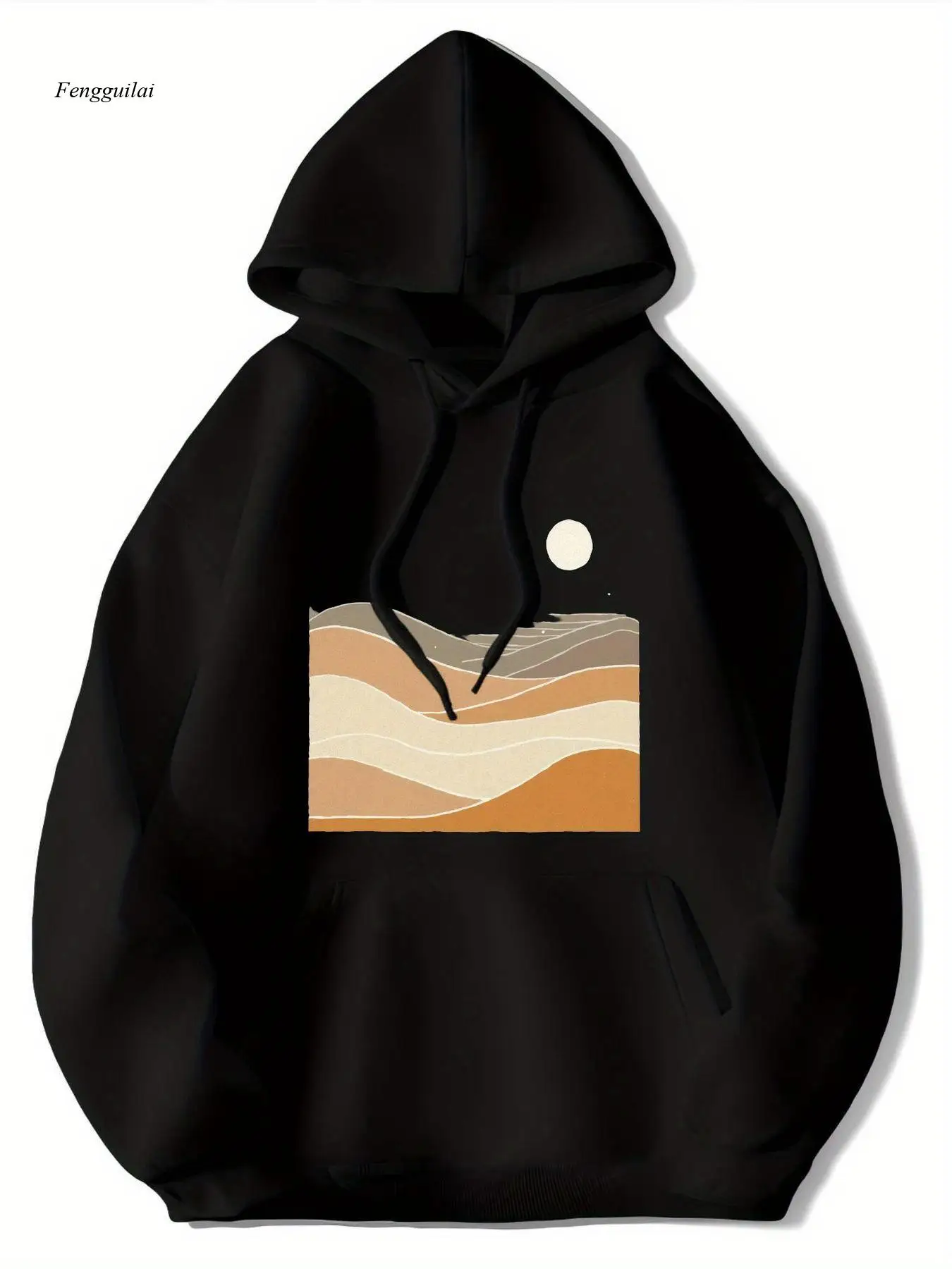 Moletom com capuz com estampa abstrata de montanha, lua, estrelas, céu noturno – pulôver casual para todas as estações com design gradiente em tom de terra