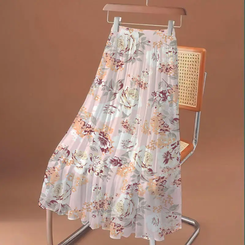 2023 Summer New Vintage Ink Print Chiffon  Mid Length Women's High Waist Casual A-line Large Swing Dance Skirt