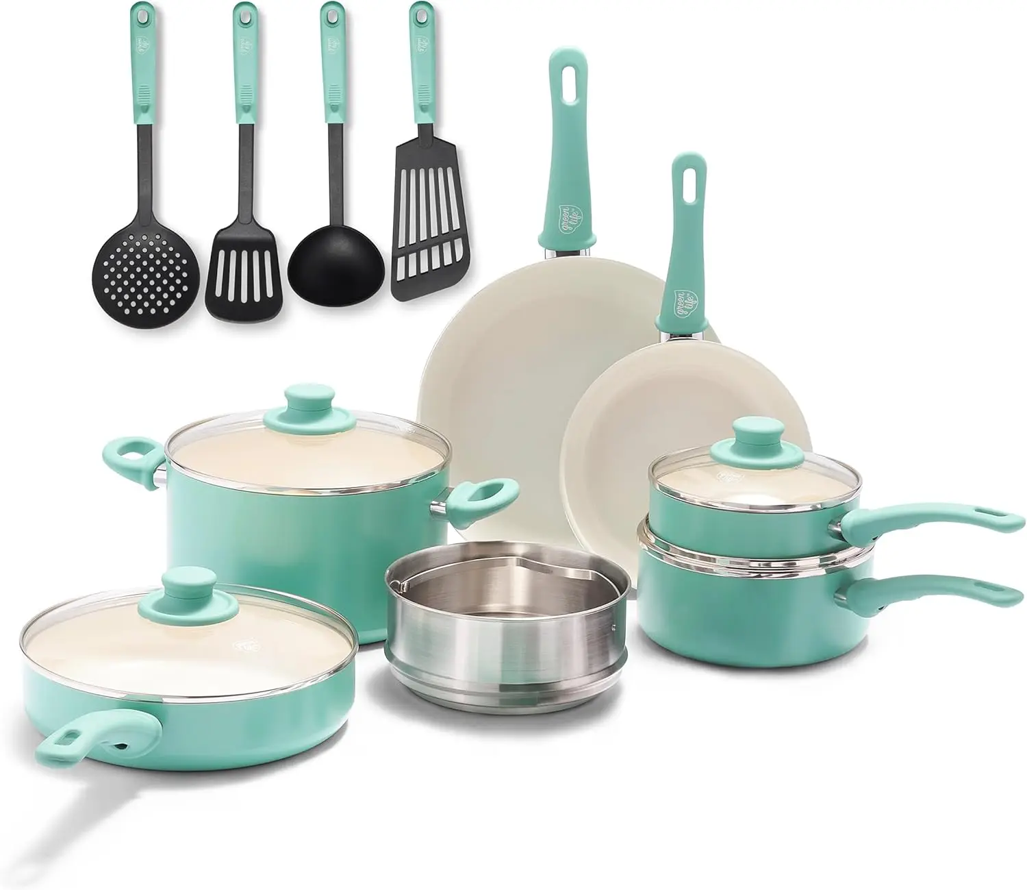 

15-Piece Ceramic Nonstick Cookware Set, PFAS-Free, Induction Compatible, Dishwasher Safe Turquoise