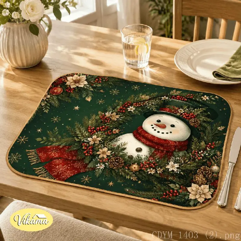 VIKAMA Christmas Snowman Pair Placemat Red Scarf Holly Table Mat Dining Kitchen Holiday Home Decor Aesthetic Art Large Premium
