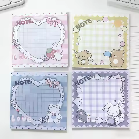 50Sheets Cute Bunny Bear Sticky Notes Student Kawaii Heart Grid Memo Pad Leave a Massage Notes School Office Supplies