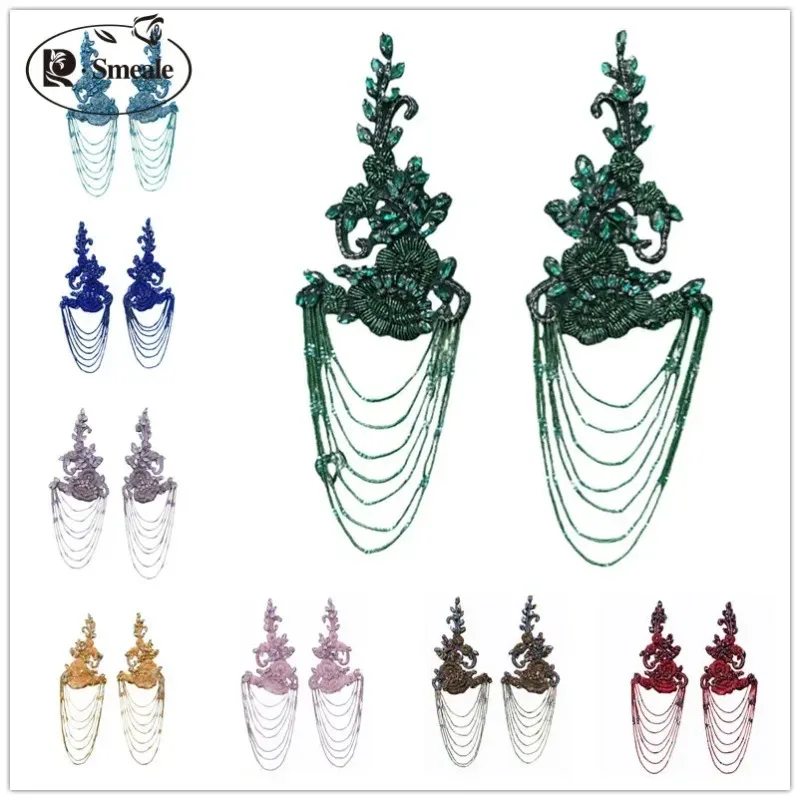 2PCS=1Pair. New Hand Sewing Tassel Glass Diamond Appliques for Clothing,Clothing DIY Patches.Multi-color Bead Epaulet Embroidery