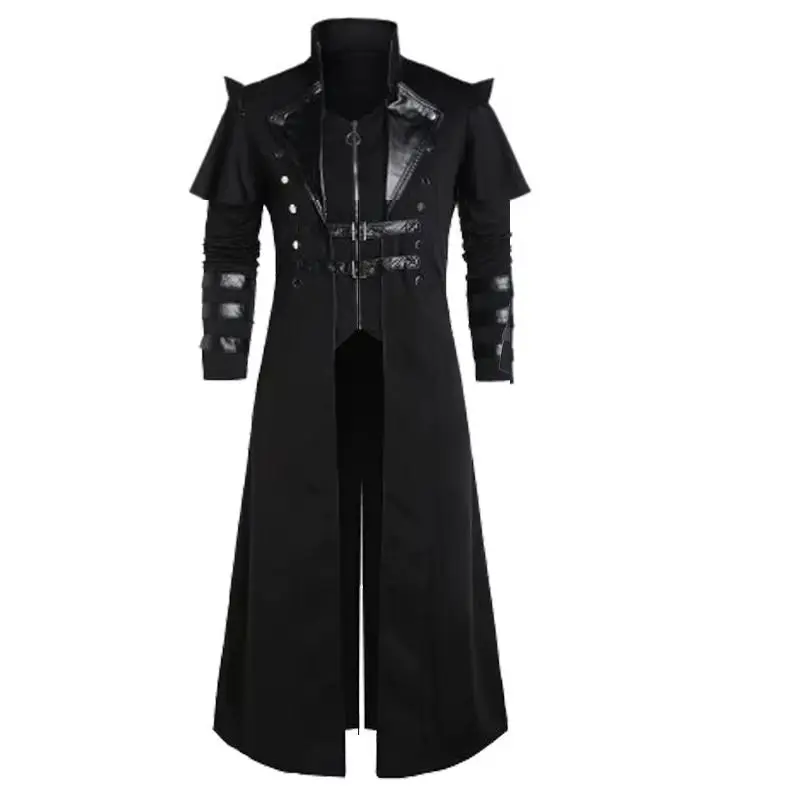 

Vintage Halloween Medieval Steampunk Assassin Elves Pirate Costume Adult Men Black Long Split Jacket Gothic Armor Leather Coats