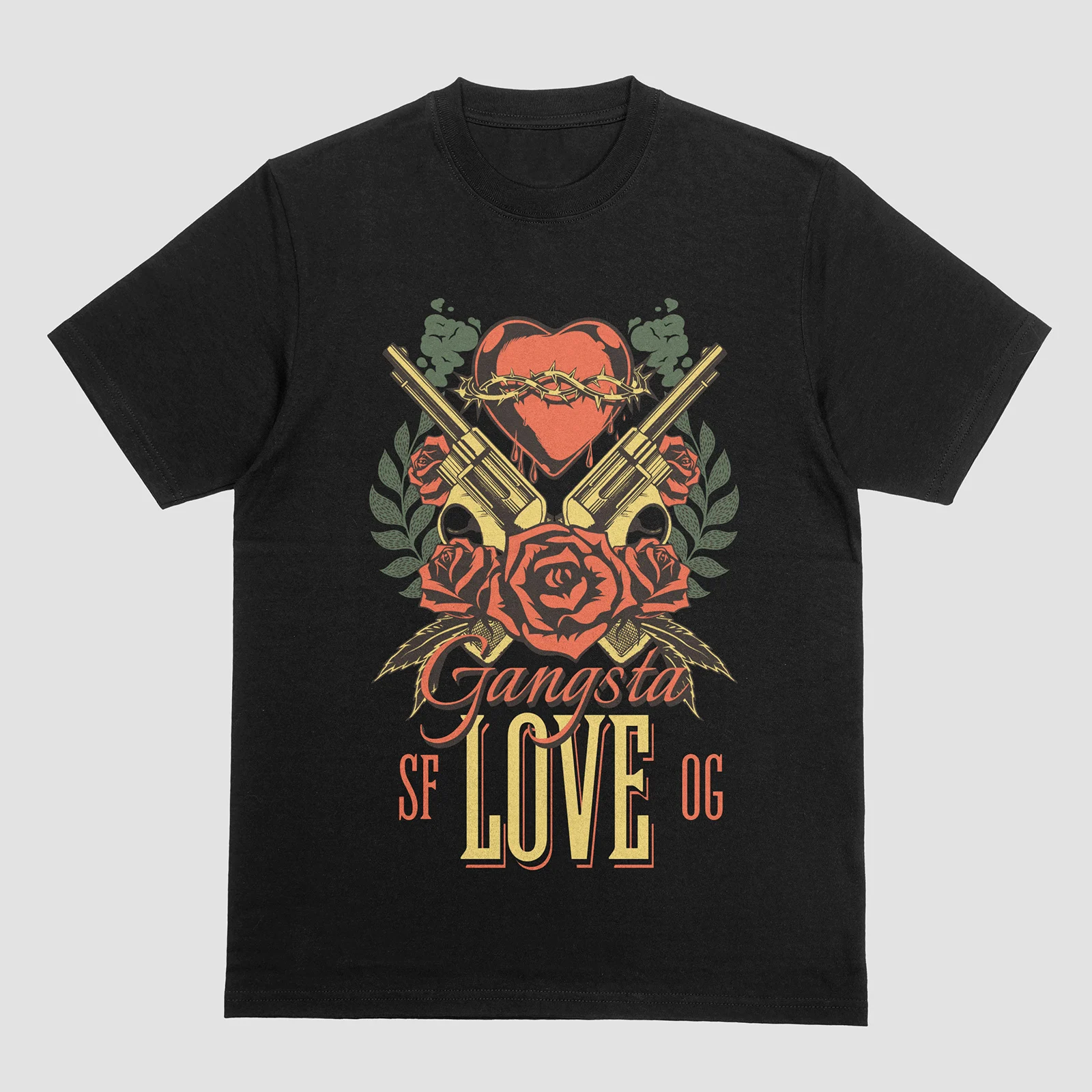 

Gangsta Love T Shirt Men Cotton Streetwear Tshirt Casual Tee Tops Short Sleeved Guns Roses Heart Pattern T-shirt Clothing Gift