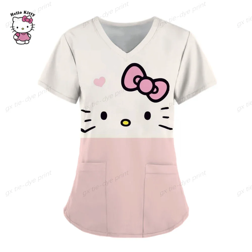 Women 2023 Uniform T-shirt Hello Kitty T-shirts Nurse Uniform Pocket Hello Kitty V Neck Woman Clothes Tops Hospital Top