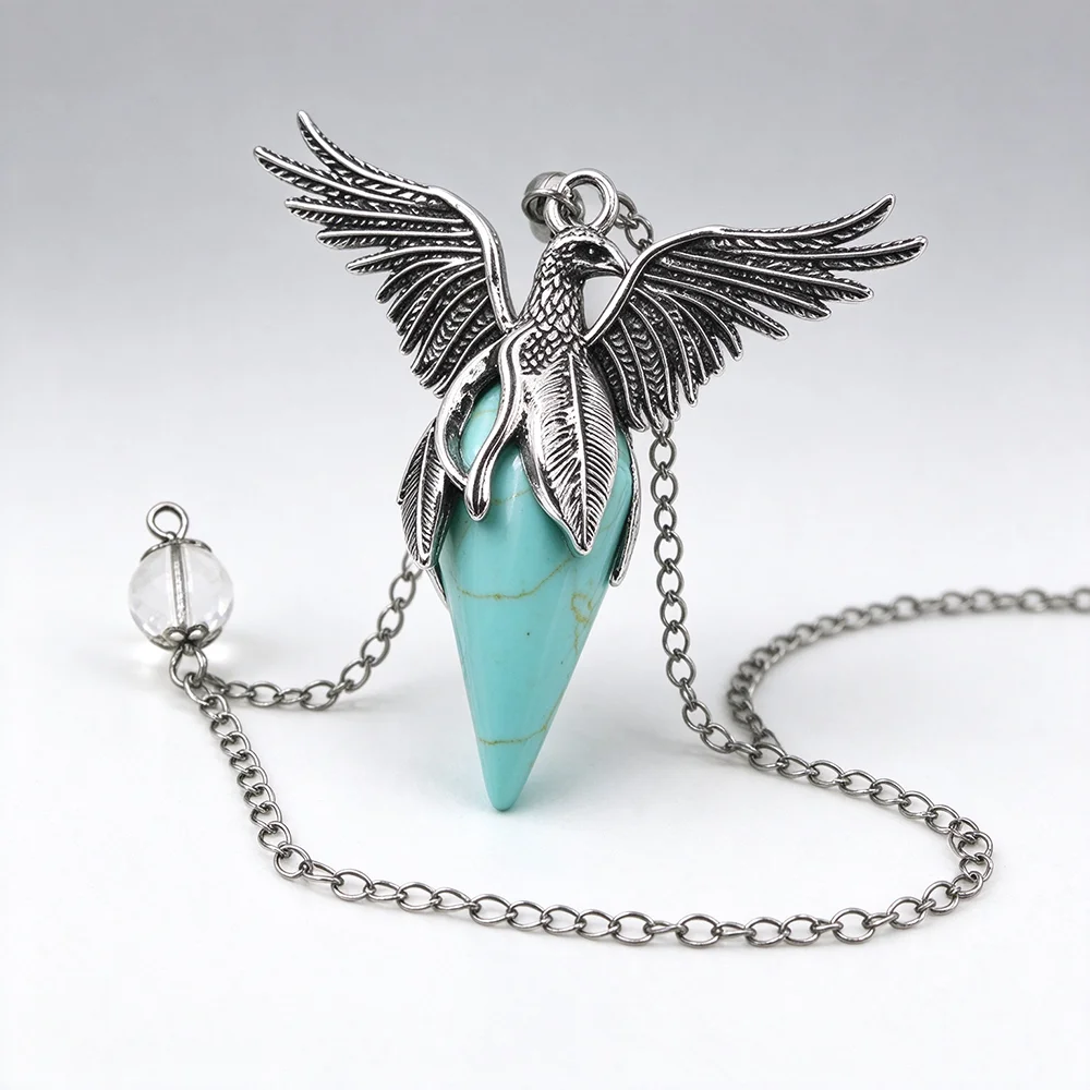 Crystal Angel Wing Pendulum for Dowsing Divination Vintage Phoenix Bird Pendant Natural Stone Amethyst Spiritual Pendule H895