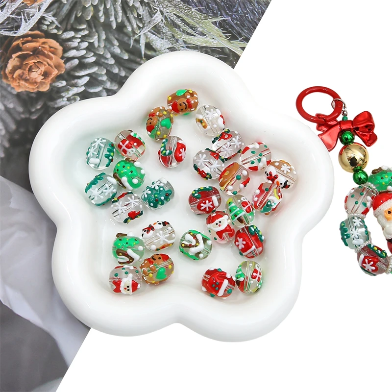 1pc 14x16mm Christmas Lampwork Beads Hand Painting Snowman Santa Claus Pattern Spacer Loose Beads Diy Jewelry Making Accessories