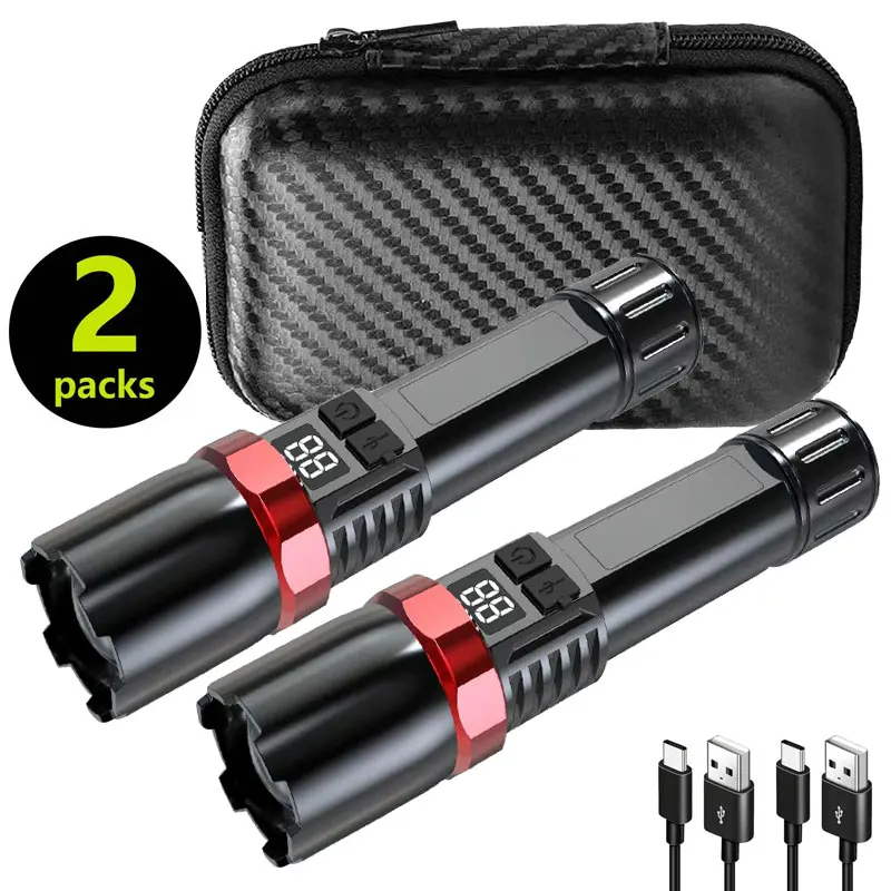 Portable Powerful LED Flashlight Type-C Rechargeable High Power Zoomable Waterproof Portable for Camping Hiking Outdoor Survival