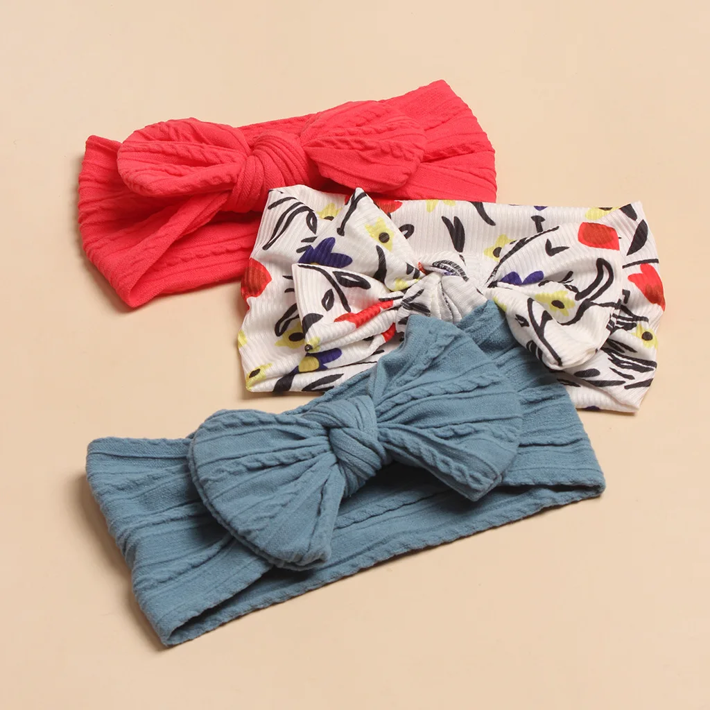 3Pcs/Set Baby Girls Headbands Soft Nylon Cable Knit Bows Floral Print Newborn Infant Toddler Stretchy Hair Accessories Fashion
