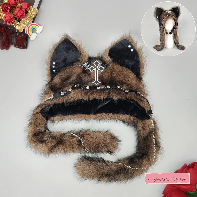Design di nicchia giapponese Sottocultura Hottie Cat Ear Goth Cappello di peluche Autunno Inverno Halloween Punk Rock Accessori in metallo Cappello termico