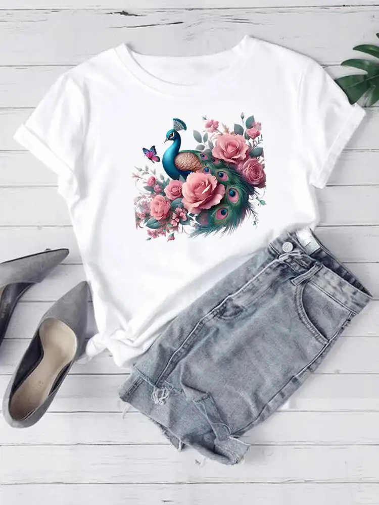 جميل زهرة الاتجاه لطيف 90s س الرقبة الملابس المطبوعة قصيرة الأكمام المحملة عادية T موضة المرأة الجرافيك تي شيرت الملابس النسائية