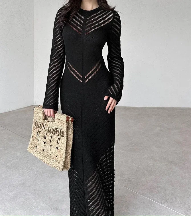 

Long Dresses for Women Fashion Commuting Round Neck Knitted Hollow Out Wrap Hip Elegant Temperament Skinny Dress2024 Autumn