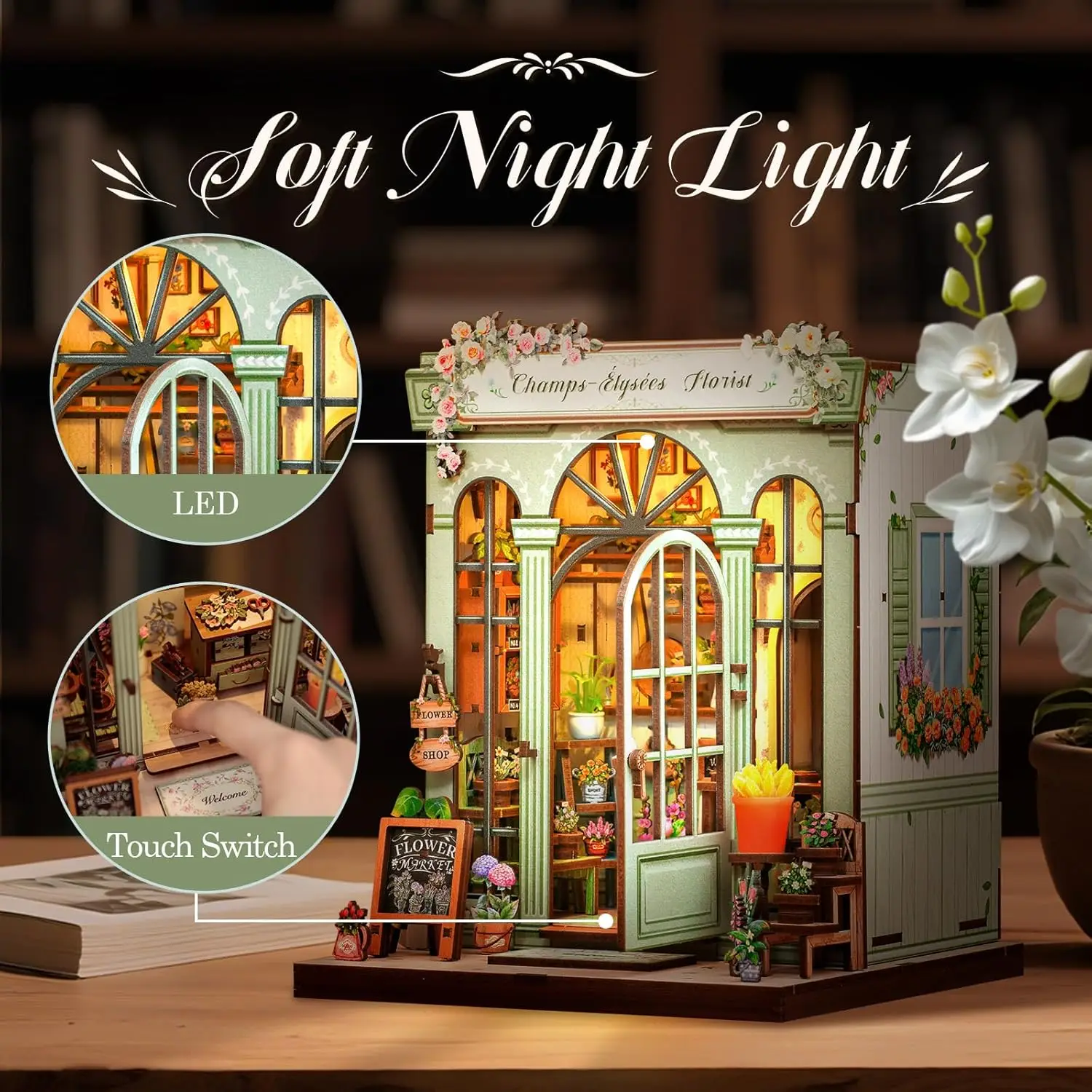 Kit de maison miniature DIY pour adultes et adolescents, puzzle 3D en bois pour coin lecture (Fleuriste des Champs-Élysées)