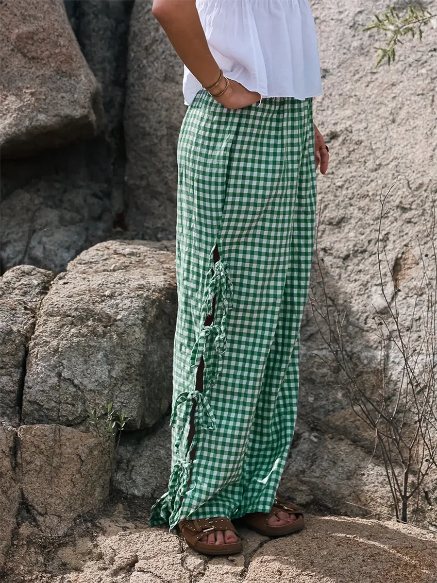 Sunloudy Women Y2K Wide Leg Gingham Pants Elastic High Waist Side Tie Loose Fit Plaid Trouser Lounge Pants