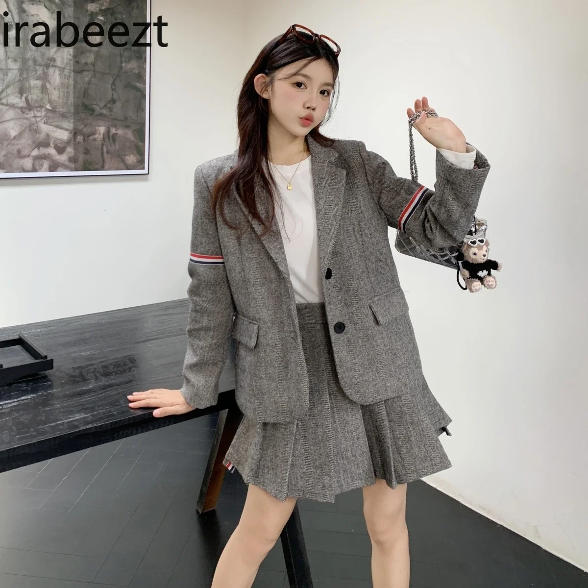 Fashion Ensembles De Jupes Preppy Suit Women Design Sense 2024 Autumn and Winter New Age Suit Pleated Skirt Two-piece Set