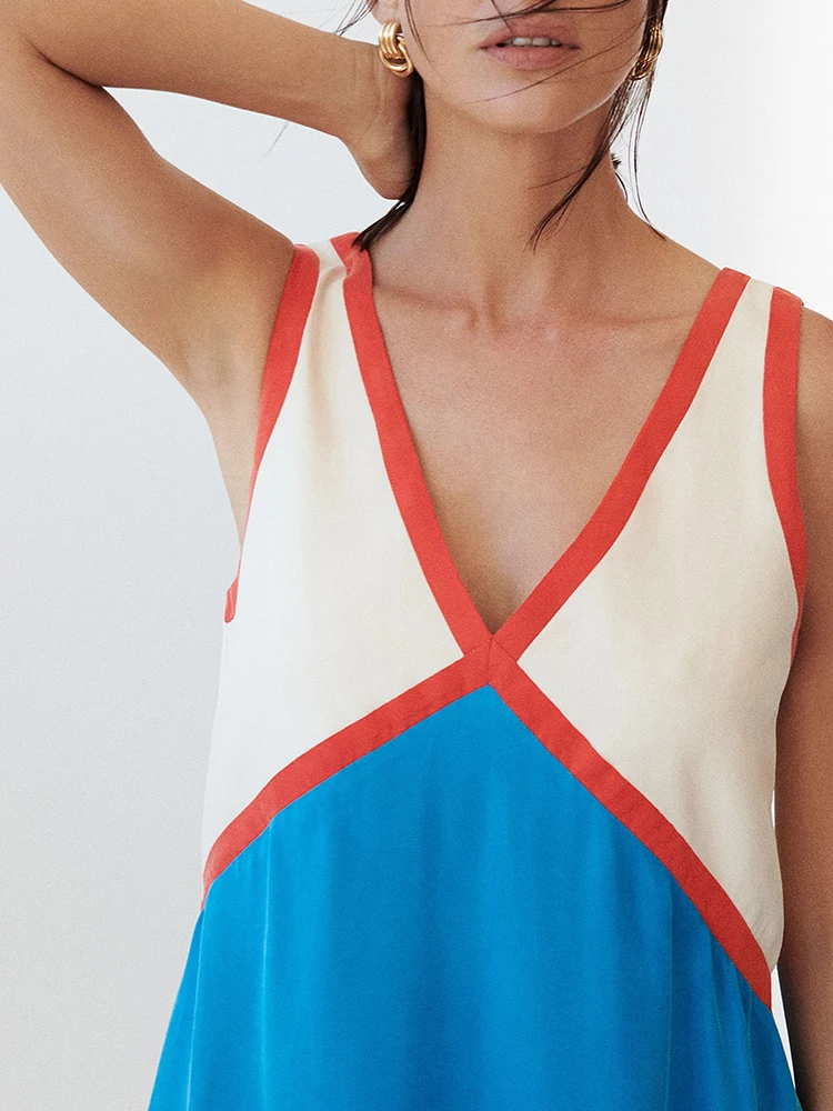 فستان أنيق للسيدات بخصر عالٍ على شكل حرف a موضة اللون منعت على شكل حرف v بدون ظهر فستان صيفي جديد جديد بدون أكمام فستان فضفاض