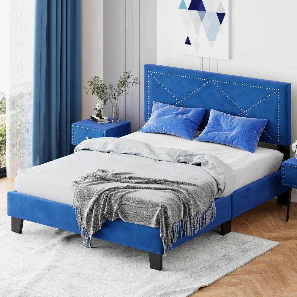 Simple Large Cushioned Bed Frame, Rivet Design, Modern Velvet, with Headboard Sturdy and Durable No Box Spring Required