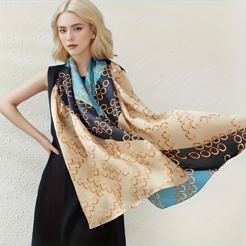 

100% Mulberry Silk Long Scarf for Women Oblong Shawls for Headscarf Neck- Oblong Hair Wraps Gift Packed Blue Geometric Print