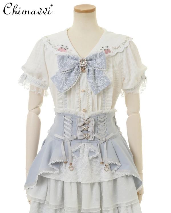 Japanische Liz Mine Erdbeere bestickt Seemann Kragen Hemd Sommer neue Mädchen Lolita süße süße Bowknot Bluse Frauen Tops