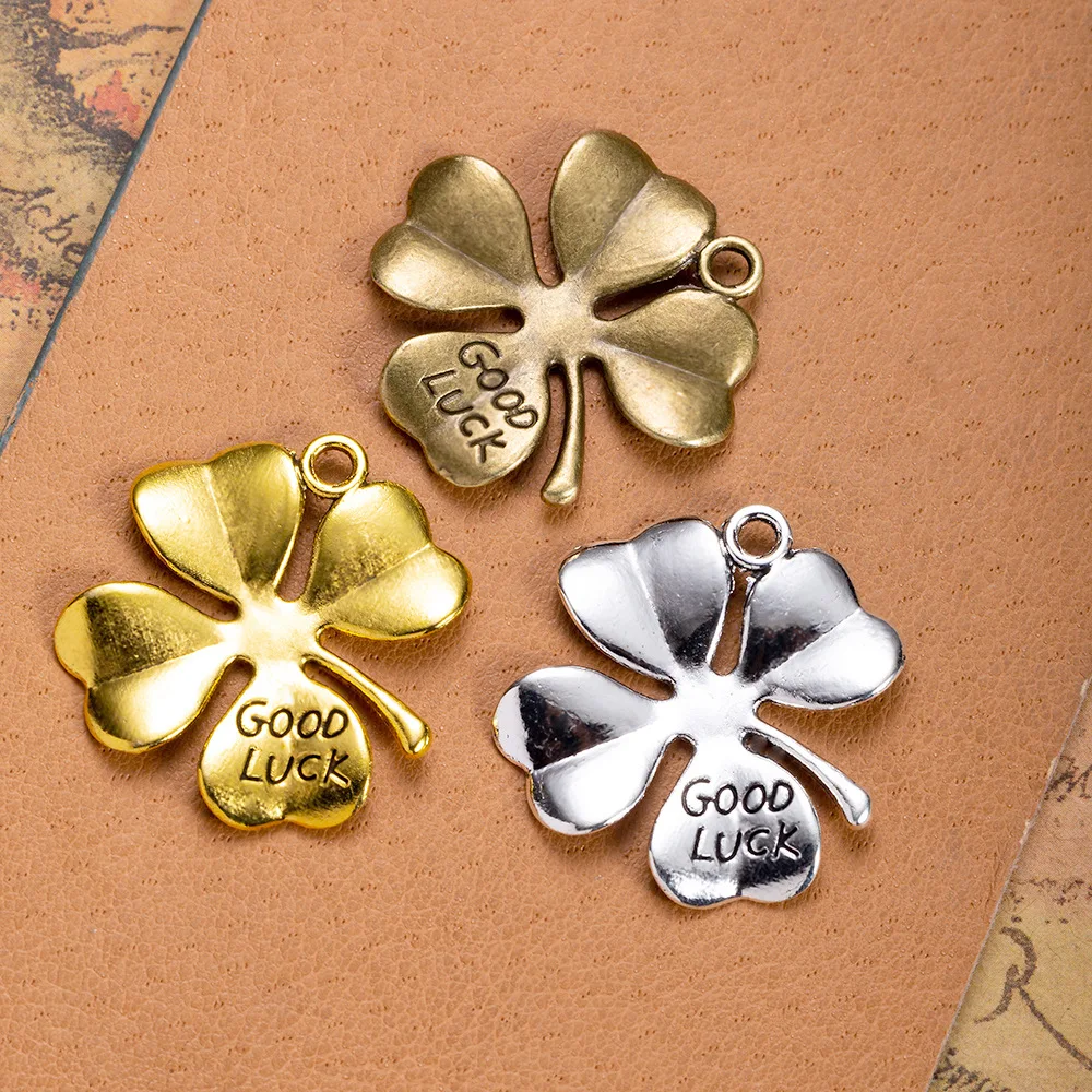 10Pcs/Lot Charms Lucky Irish Four Leaf Clover Good Luck 27x27mm Tibetan Silver Color Pendants Antique Making DIY Handmade Craft