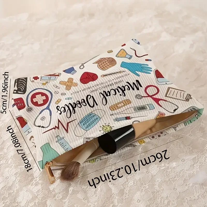 Medical Graffiti Printed Corduroy Makeup Bag, Lightweight Zipper Makeup Storage Box, Multi functional Bag with Lining