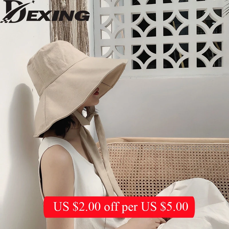 wide Brim Bucket Hat with String Women Korean Version Big  Fisherman Hat Foldable Japanese Sun Hat Sunscreen  Beach Hat