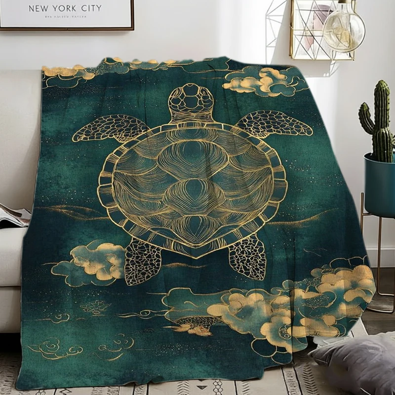 Dark Green Gold Line Turtle Auspicious Cloud Flannel Blanket For Zen Bedroom Decor Soft Warm Throw Blanket Wrap