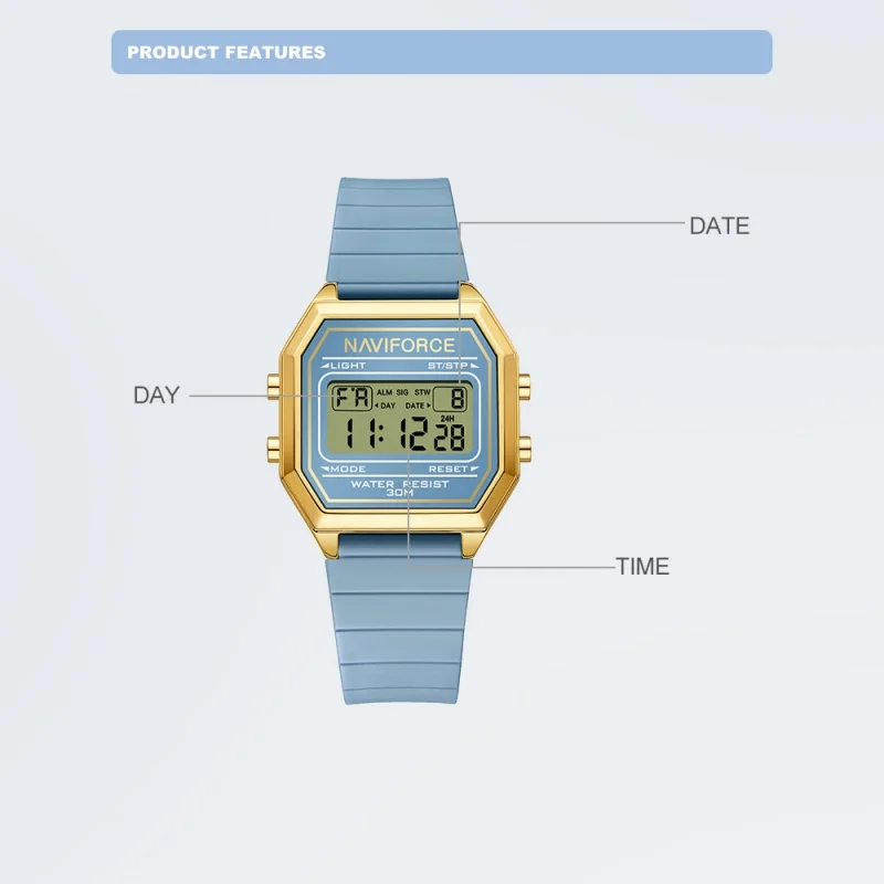NAVIFORCE NF5063T Woman Watches Sports Watch Silicone Strap 3ATM Waterproof Time Display LCD Digital Watch