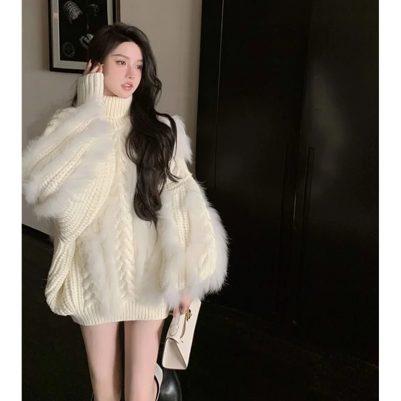 Pullover Sweater Female Goddess Model High Neck Top Women Winter New Celebrity Long Sleeve White Coat Pullover Sweater Women