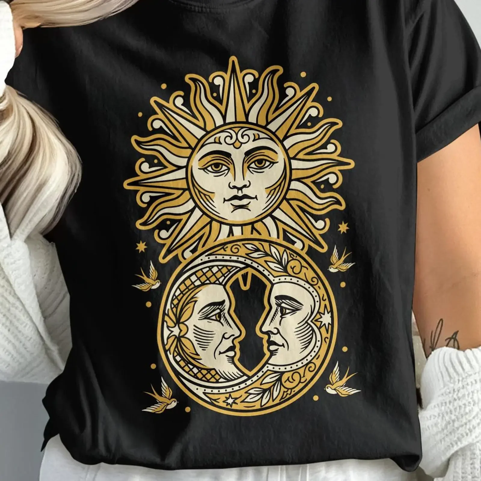 Traditional Tattoo Sun Moon T Shirt Vintage Flash Ink Celestial vintage Washed graphic Stylish Versatile Slightly