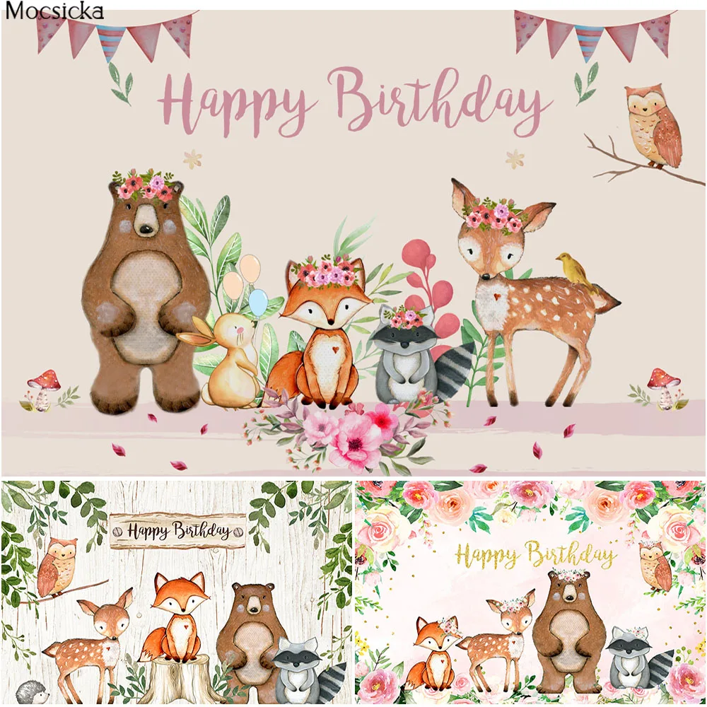 Rừng Gỗ Chúc Mừng Sinh Nhật Lưng Động Vật Dễ Thương Cáo Gấu Safari Nền Chụp Ảnh Hồng Tráng Miệng Trang Trí Bàn Đạo Cụ