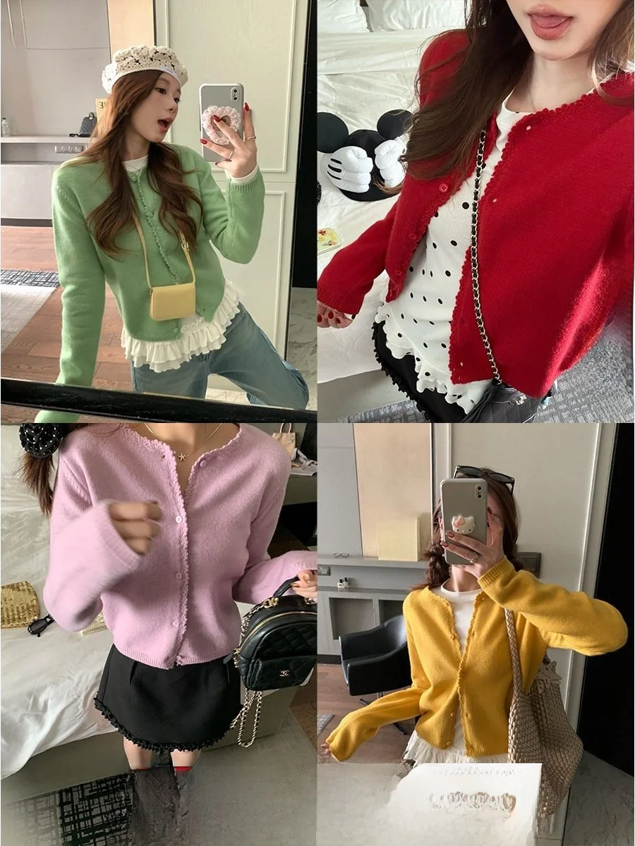 

een Hand-Knitted Lace Trim Open Cardigan Women's Small V-Ne Soft Knitted Top Versatile Commute Sle Long Sve Regular Fit