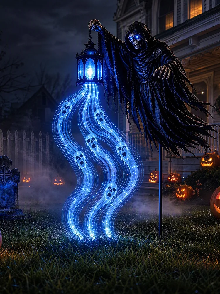 Halloween Grim Reaper Skull Lantern Gothic Outdoor Decor Glowing Ghost Soul Rising Yard Stake Light