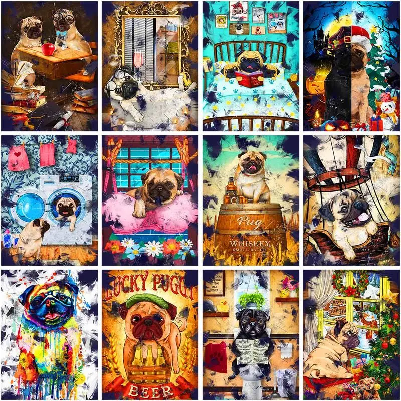 

CHENISTORY Oil Painting By Number Pug Animals Kits For Adults Handpainted Diy Picture By Number Dog Drawing On Canvas Home Decor