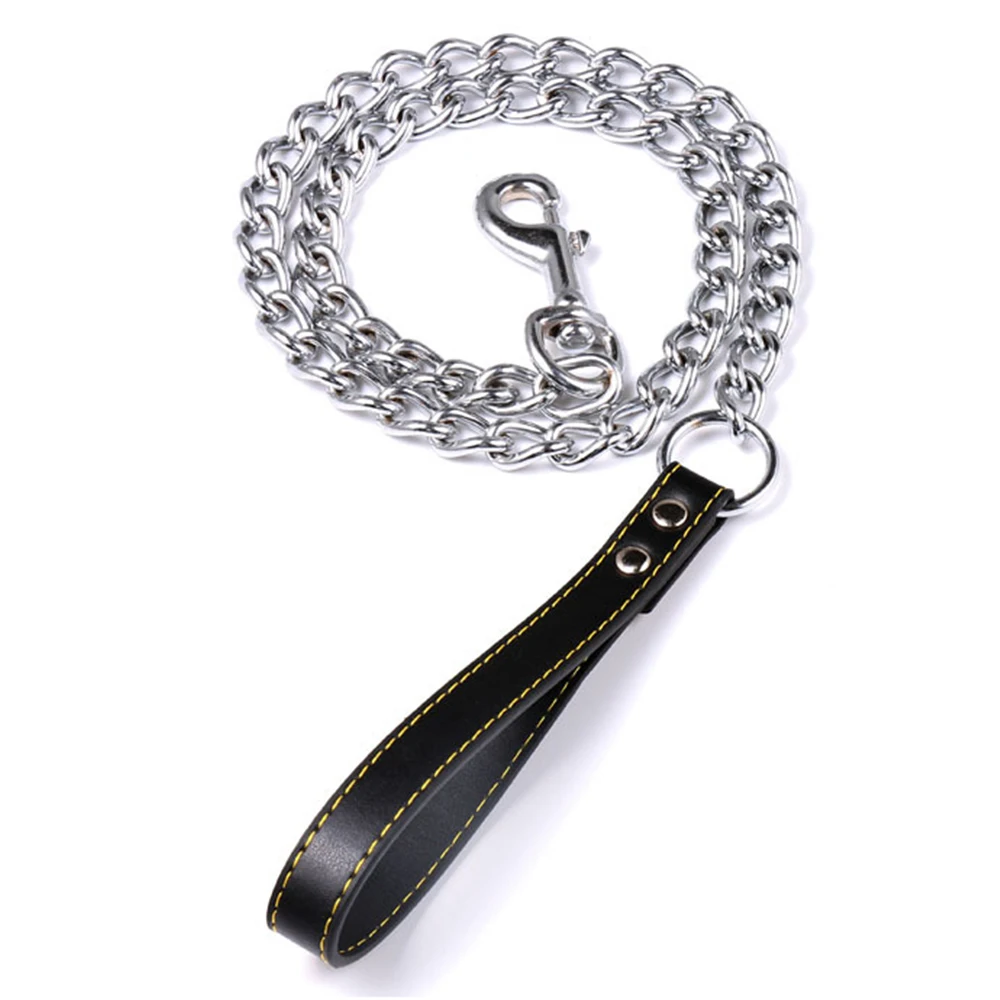 Metal Chain Dog Leash Leather Handle dog collar Dog walking rope Pets Supplies Durable strong control