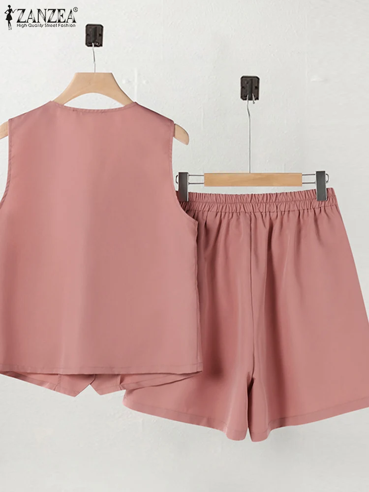 ZANZEA-Coletes e shorts sem mangas para mulheres, estilo coreano, roupas casuais, cintura elástica, trajes de escritório, deslocamento, verão, 2 peças, 2024