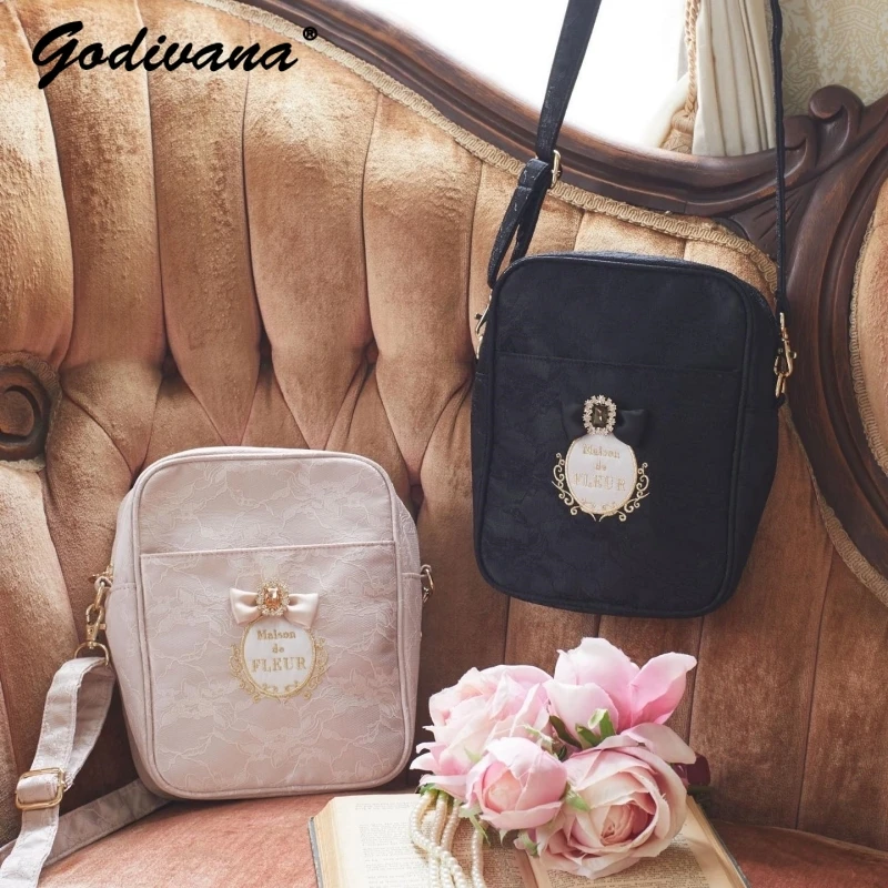 Japanese Style Lace Bowknot Crossbody Camera Bag Ady Girls Small Square Bag Gem Bow Small Shoulder Bags