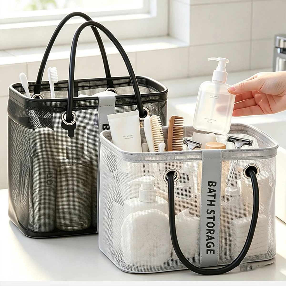 Portable Mesh Toiletry Bag Handle Quick Drying Large Capacity Bathroom Shower Travel Makeup Tote Handbag Organizer Basket
