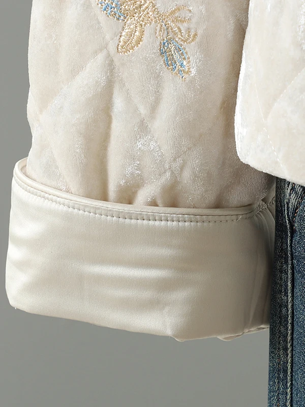 

Ele Embroidered Cotton Jaet Women's Sli Stand Collar Versatile Design Winter Faion Retro Sle Thiened Long Sve