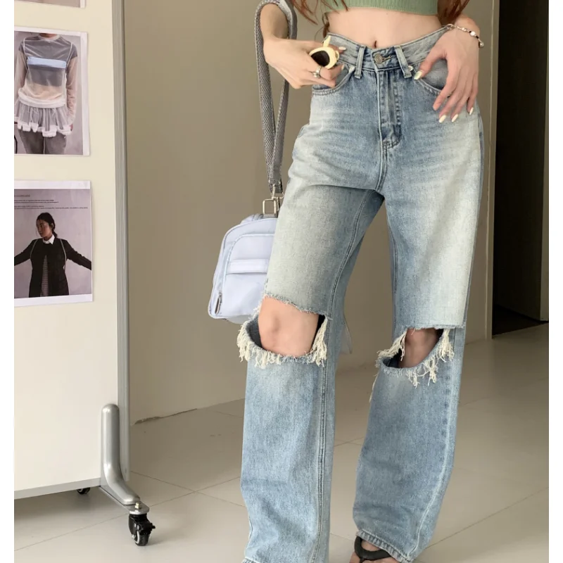 

Washing Blue Hole High Waist Women Jeans Stars American Fashion Streetwear Wide Jean Female Trouser Straight Baggy Denim Pants