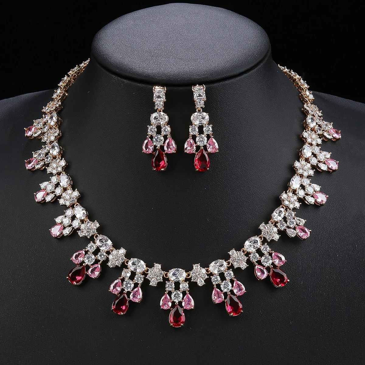 

Luxury 2 Pcs White ,Red, Blue Necklace Earrings Set Cubic Zircon Women Wedding Party Jewelry Set CN11134