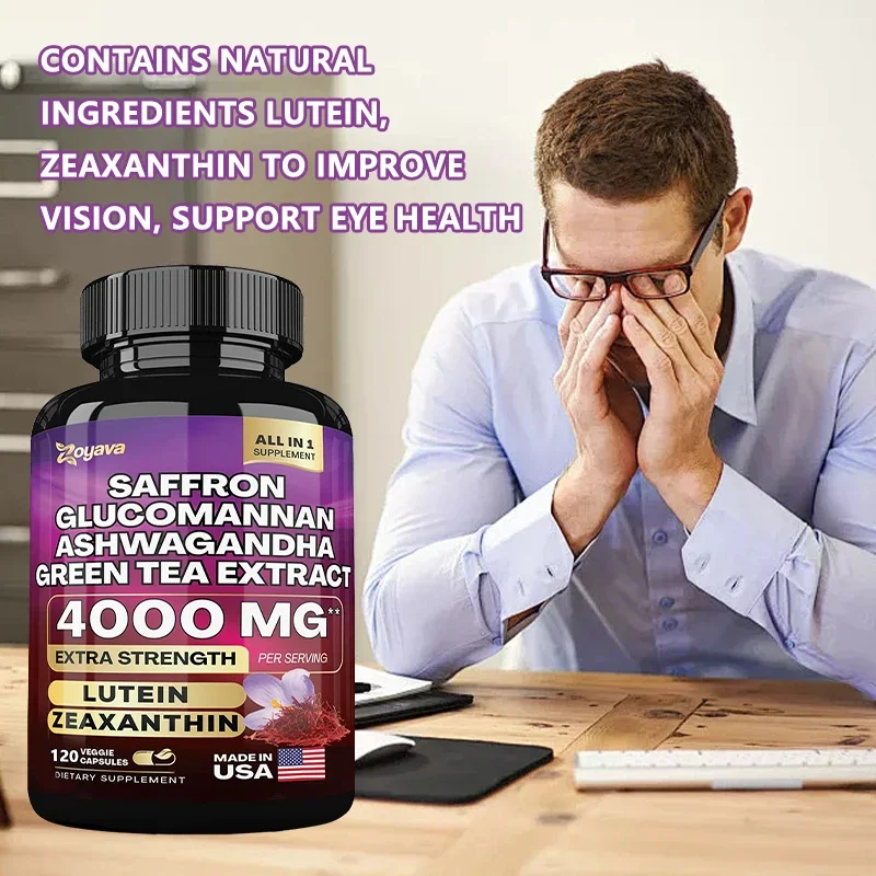 Saffron Supplement Glucomannan Ashwagandha Green Tea Extract Lutein and Zeaxanthin Extract Capsules - Improves Mood and Vision